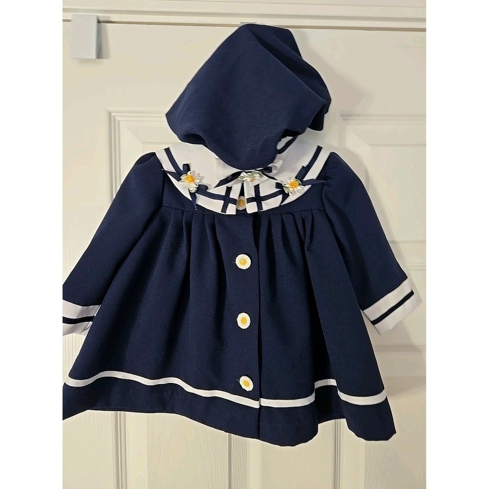 Bonnie Baby Infant Size 6-9M 2 Piece Dress And Hat‎ Blue & White